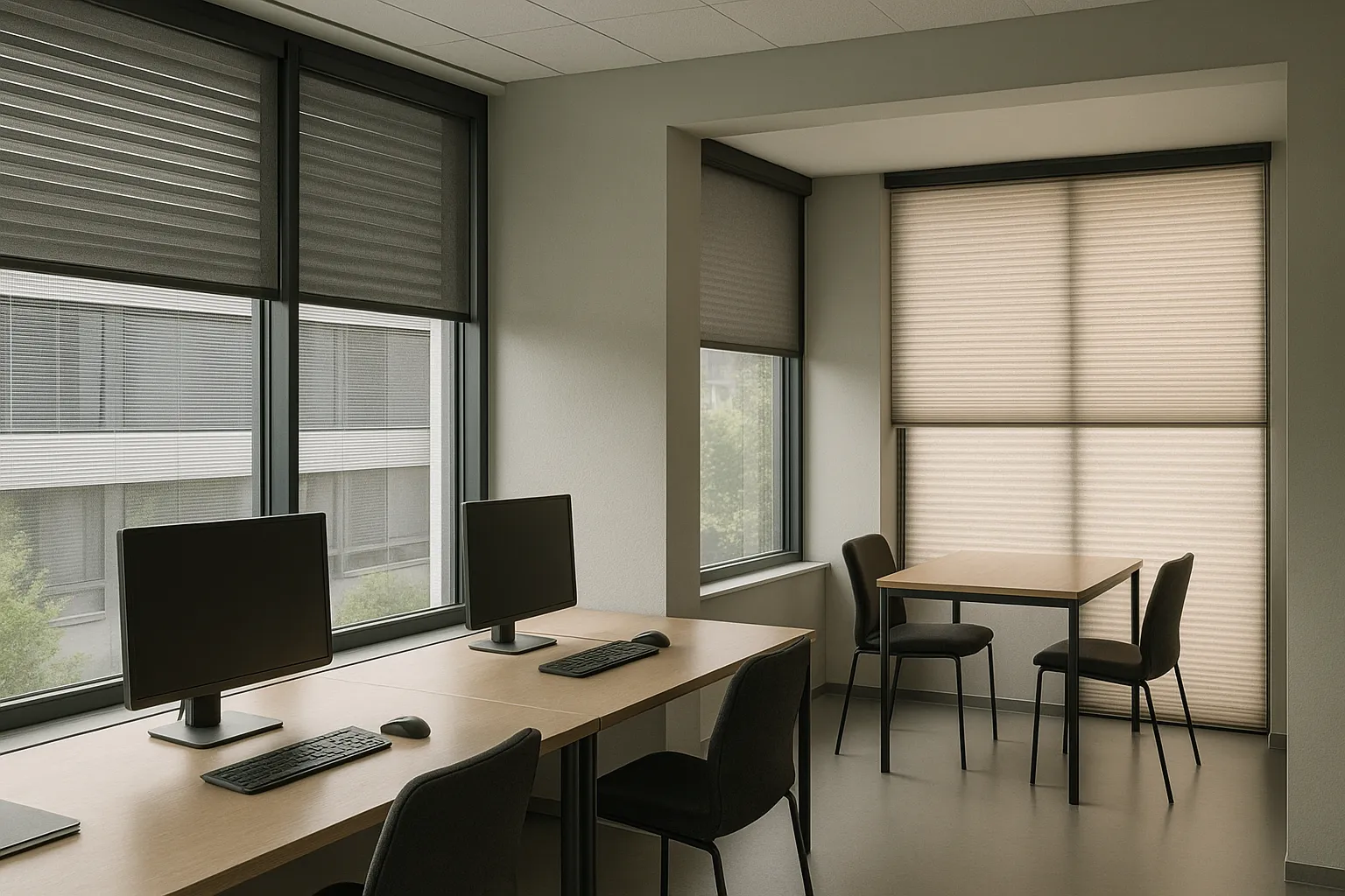 Arbeitsplatz mit Screen-Rollo, blendfreier Bildschirm und Tageslichtblick