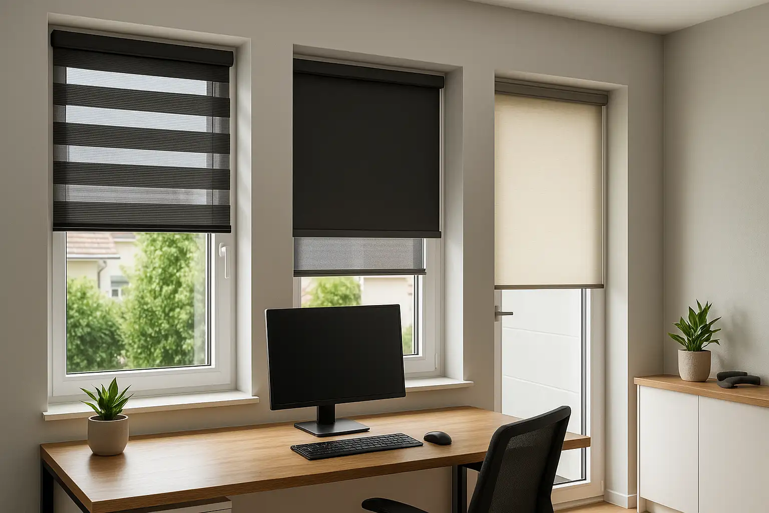 Seitlich positionierter Arbeitsplatz mit mild gefiltertem Tageslicht