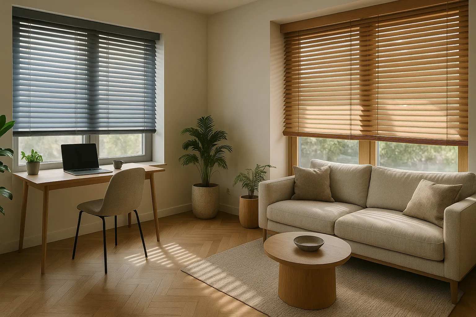 Holzjalousie in einem hellen Wohnzimmer mit warmem Licht