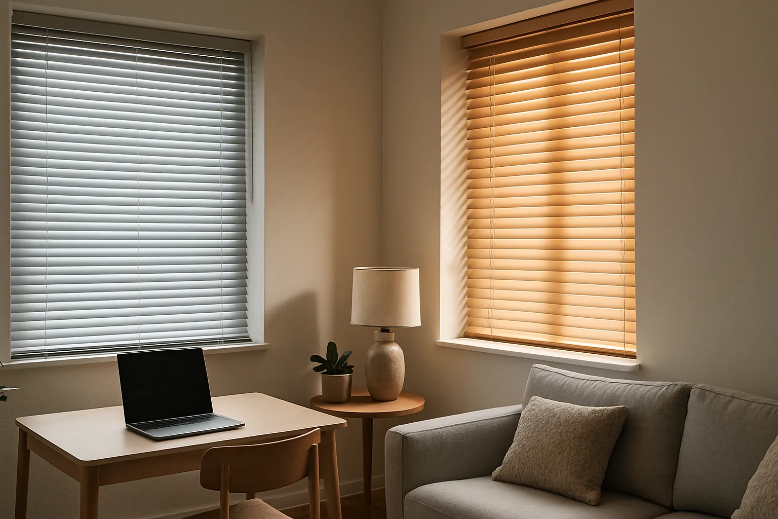 Innenjalousie mit präzise eingestellten Lamellen vor einem Fenster