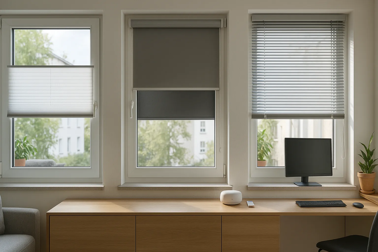 Moderne Fensterfront mit Plissee, Rollo und Jalousie in neutralem Interieur