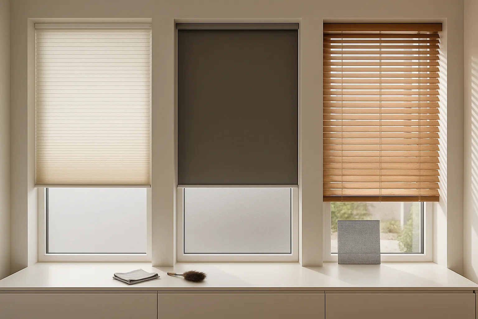 Stoffmuster und Lamellenproben: transparent, dimout, blackout, Aluminium und Holz