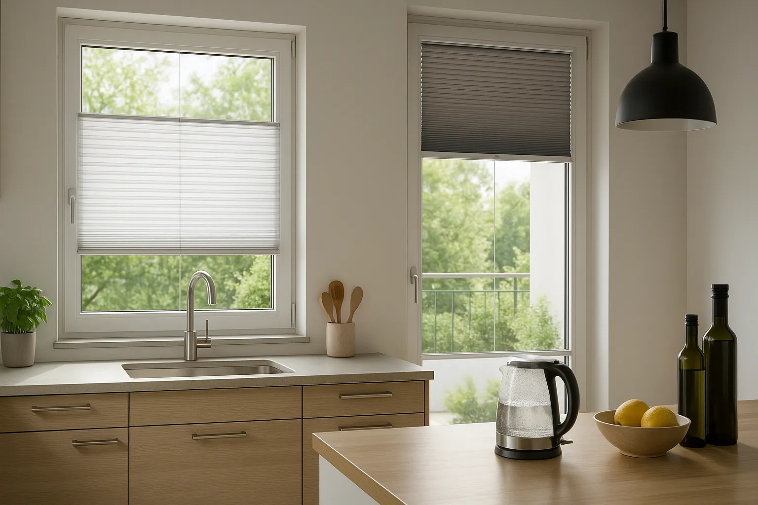 Modernes Plissee an einem großen Fenster, halb geöffnet im Top-Down/Bottom-Up-Modus