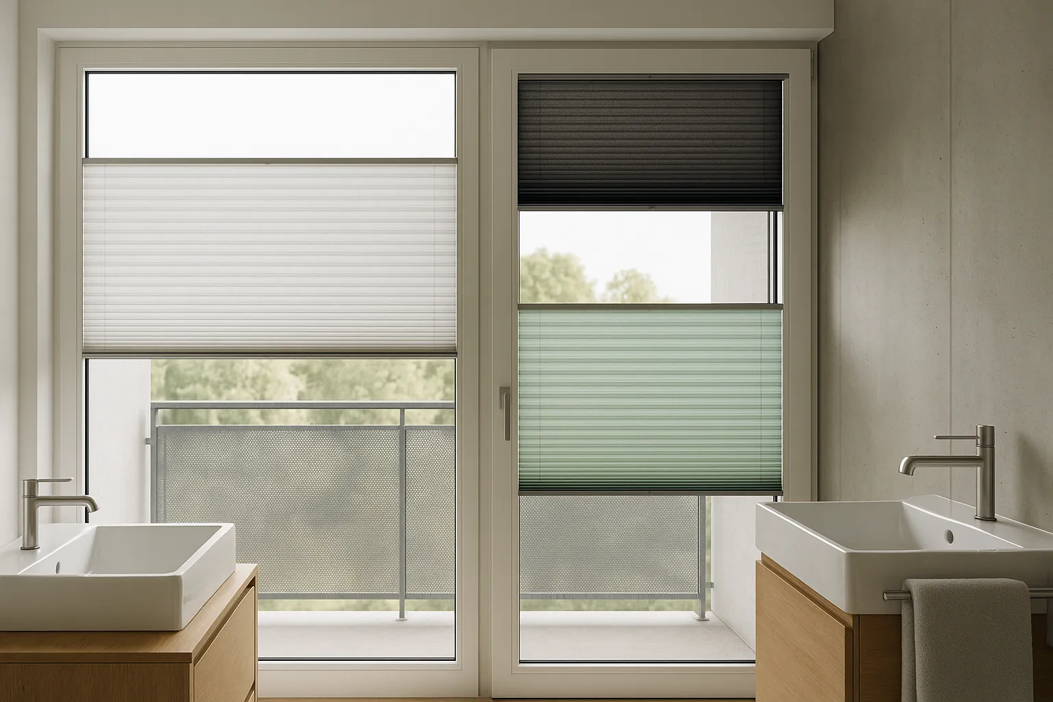 Plissee in neutralem Ton in einer modernen, minimalistischen Einrichtung