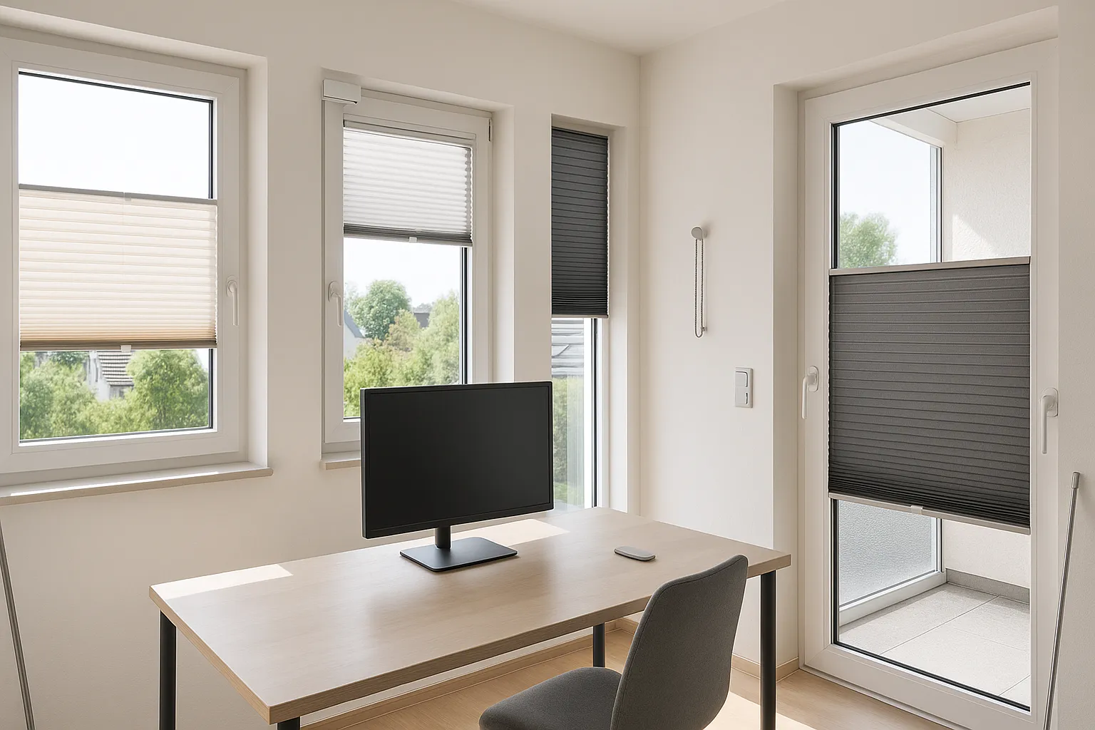 Plissee in einem Homeoffice: blendfreies Arbeiten bei Tageslicht