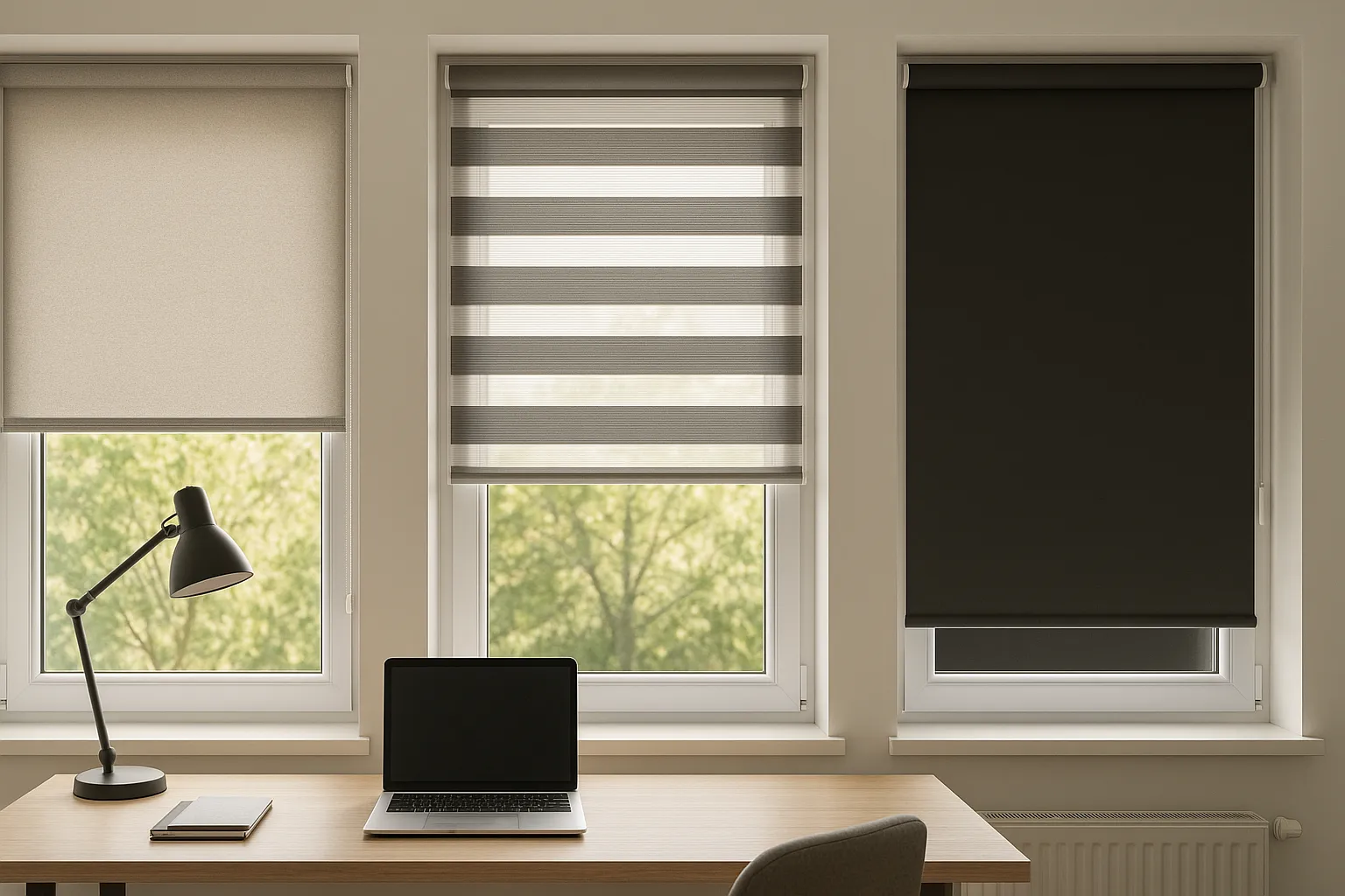 Modernes Homeoffice mit seitlich gefiltertem Tageslicht durch ein Rollo