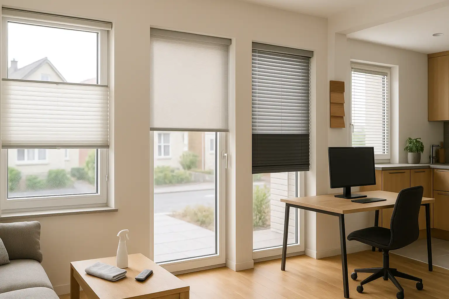 Wohnbereich mit Plissee im unteren Fensterteil, Rollo im Schlafzimmer, Jalousie im Arbeitszimmer